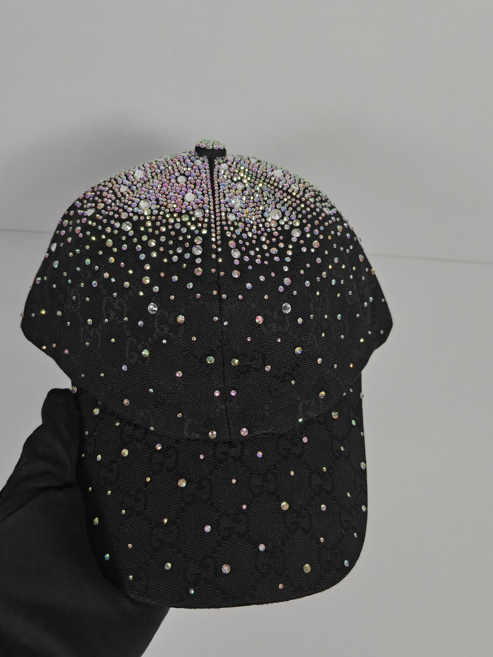 Gucci black monogram gg rhinestone cap